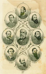 Generales confederados (Los sujetos incluyen a los generales Stonewall Jackson, Longstreet, A.P. Hill, Fitzhugh Lee, Ewell, Breckenridge, Beauregard, y Lee y el Coronel Mosby)